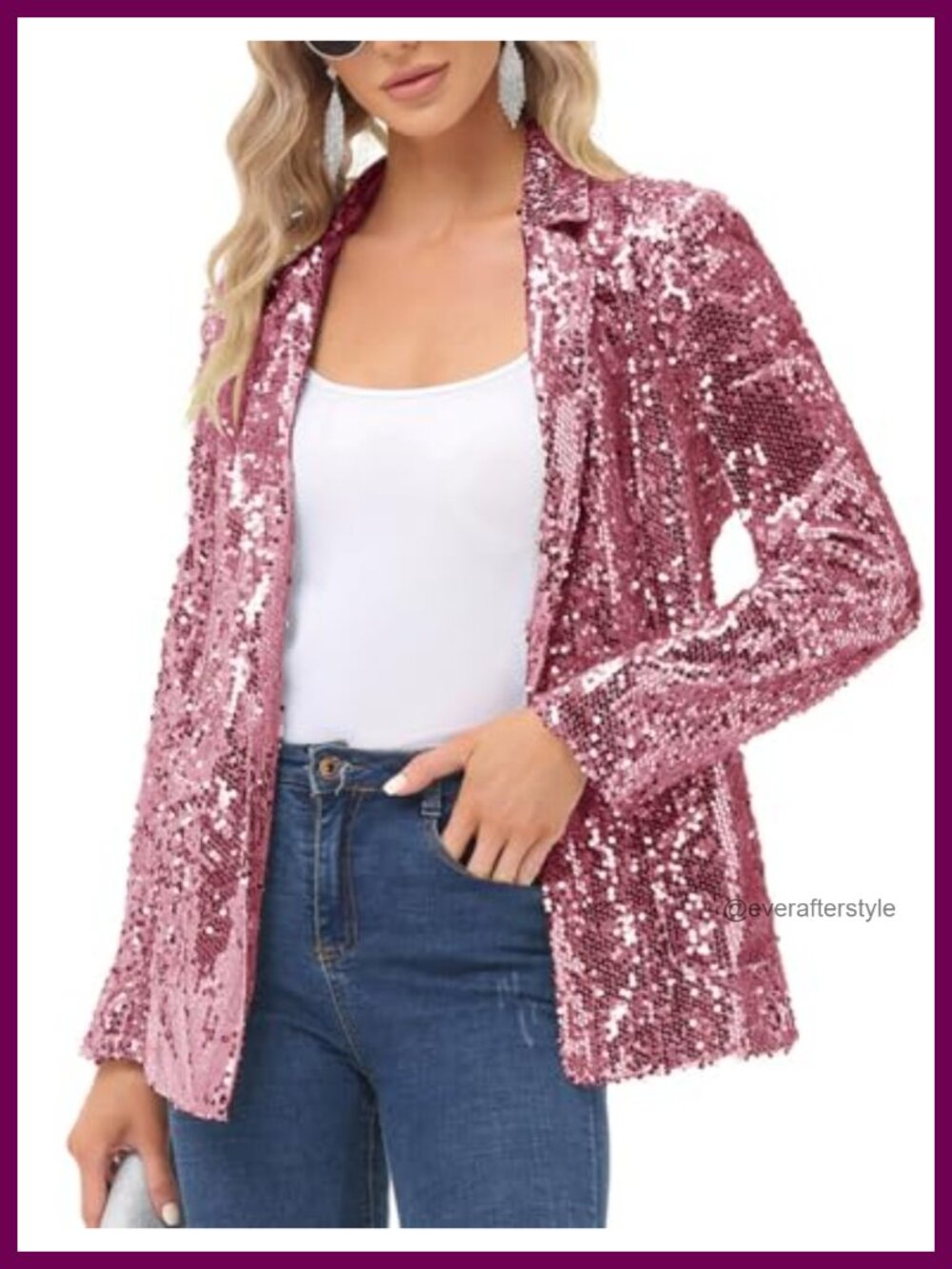 Sequin Blazer Jacket Open Front Long Sleeve Sparkly Cardigan Coat with Pockets